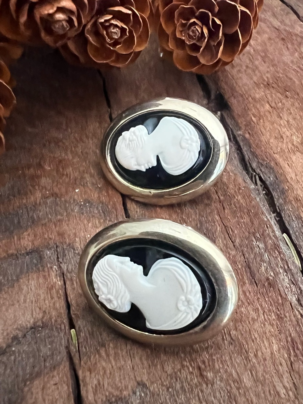 Sarah Coventry Cameo Earrings Black Ivory Clip On Light Gold Tone Lady